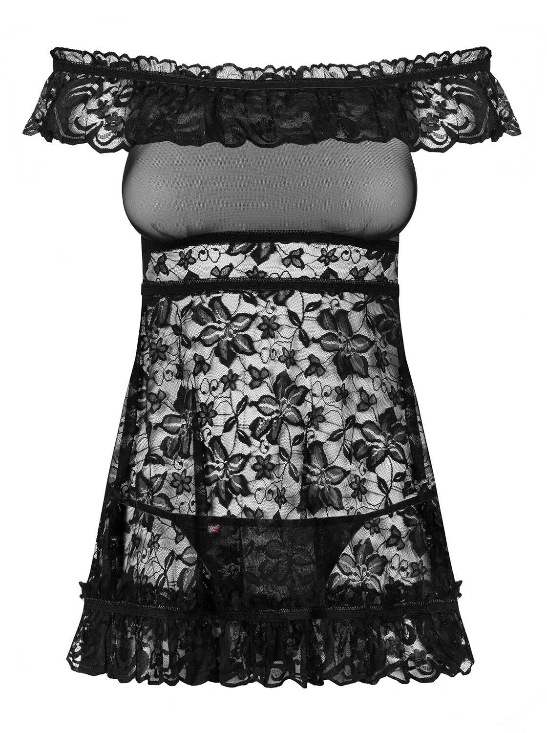 The Flores black mesh and lace babydoll, featuring delicate edging