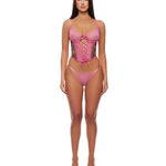 Animal Instincts pink leopard print mesh lace-up bustier and panty set by Forplay