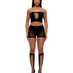 Cross Your Mind black seamless tube top, boy short and open toe socks bodystocking set by Forplay