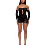 Cross Your Mind black strapless romper bodystocking and fingerless gloves set by Forplay