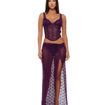 Feel Me purple scalloped lace bustier, thong and ruched maxi skirt set by Forplay