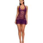 Feel Me purple textured lace chemise with satin halter ties and panty by Forplay