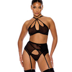 Feeling Butterflies black sheer mesh halterneck bra, garter belt and panty set by Forplay