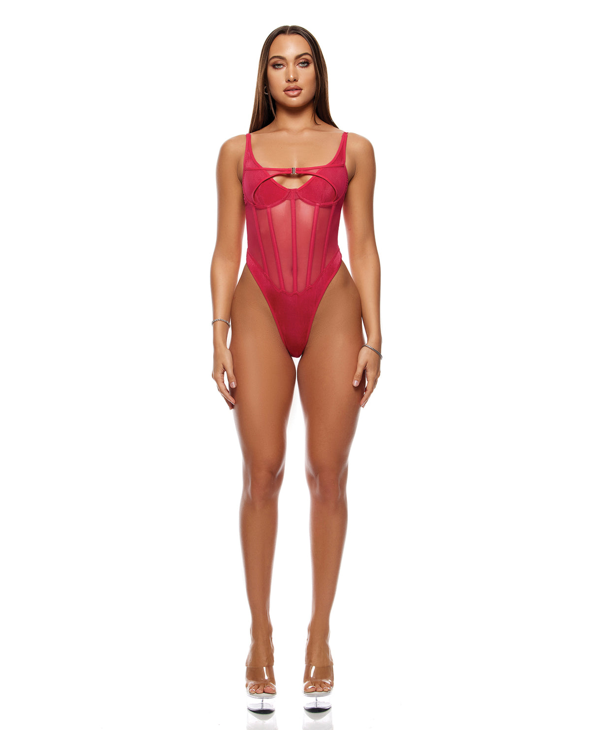 Layers To This pink layered mesh and knit teddy with front clasp panel by Forplay