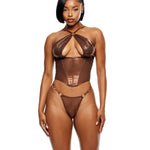Liquid Metal copper metallic foil mesh bustier and G-string set by Forplay