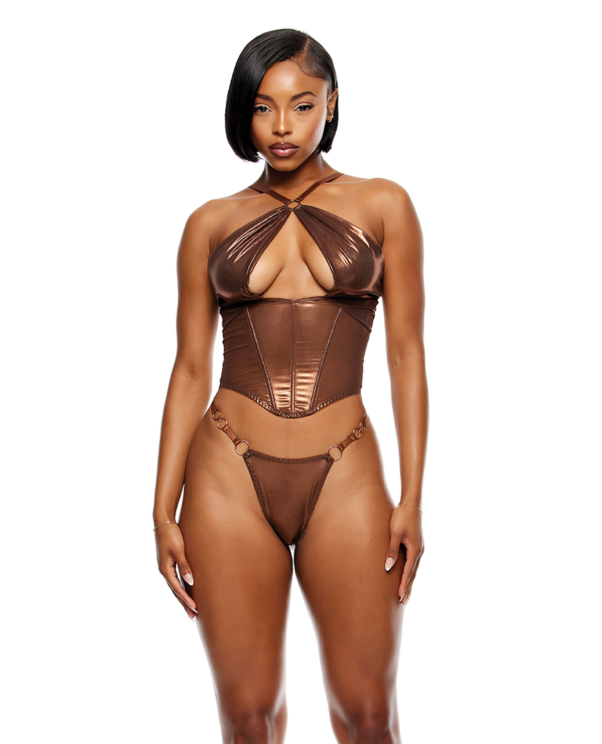 Liquid Metal copper metallic foil mesh bustier and G-string set by Forplay