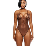 Liquid Metal copper metallic foil mesh teddy with O-ring harness details by Forplay