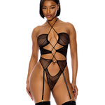 Pull My Strings black sheer wave mesh halterneck teddy with faux pearls by Forplay