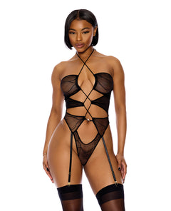 Pull My Strings black sheer wave mesh halterneck teddy with faux pearls by Forplay