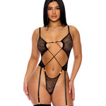 Pull My Strings black sheer wave mesh teddy with garters and faux pearl details by Forplay
