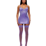 See It Through purple guipure lace chemise, G-string and stockings set by Forplay