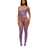 See It Through purple guipure lace underwire teddy and thigh high stockings set by Forplay