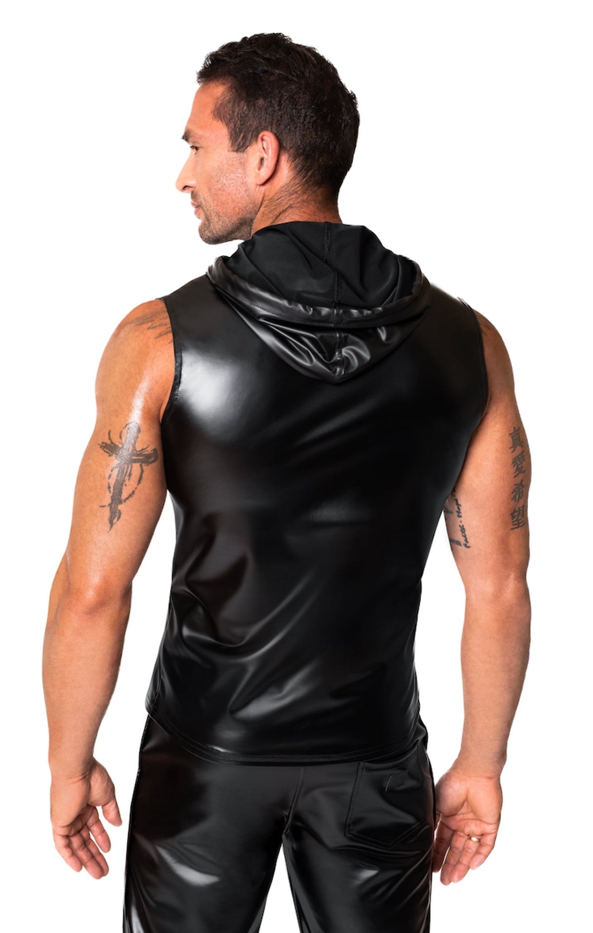 An alternate view of the Frenzy black sleeveless wetlook hoodie, with an adjustable drawstring hood