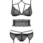 The Frivolla black four-piece lace set, featuring a garter belt and matching thong