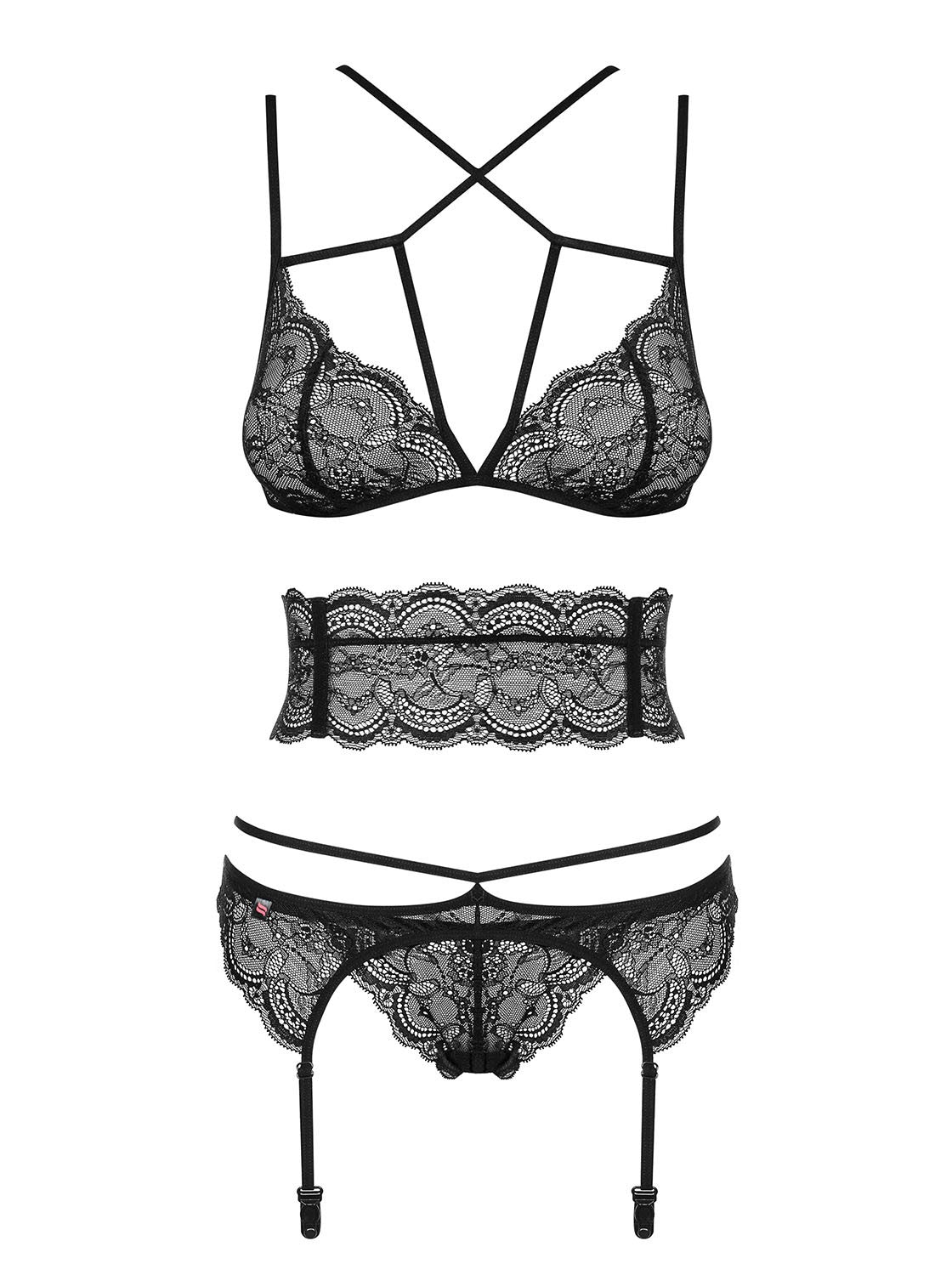 The Frivolla black four-piece lace set, featuring a garter belt and matching thong