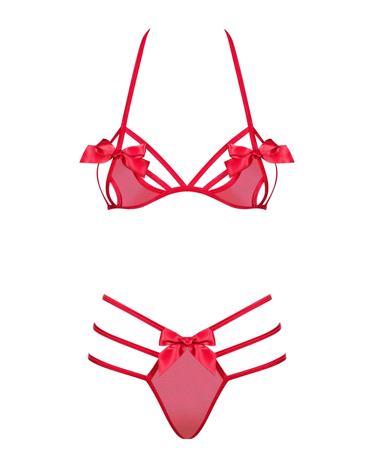 An additional view of the Giftella red halter bra and thong set