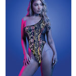 Luminescent black flash reflective floral print one-shoulder teddy by Glow by Fantasy Lingerie