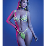 Mind Control neon green UV reactive lace and mesh underwire bra and thong set by Glow by Fantasy Lingerie
