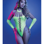 Pressure Point neon green UV reactive rhinestone teddy and gloves set by Glow by Fantasy Lingerie