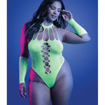 Plus size Pressure Point neon green UV reactive rhinestone teddy and gloves set by Glow by Fantasy Lingerie