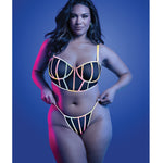 Plus size Solar Flare black underwire bra and thong set with flash reflective binding by Glow by Fantasy Lingerie