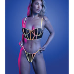 Solar Flare black underwire bra and thong set with flash reflective binding by Glow by Fantasy Lingerie
