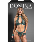 Another angle of the green open panty with detachable chain-link handcuffs