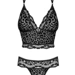 The Guilly black leopard print set, featuring a metal pendant between the cups