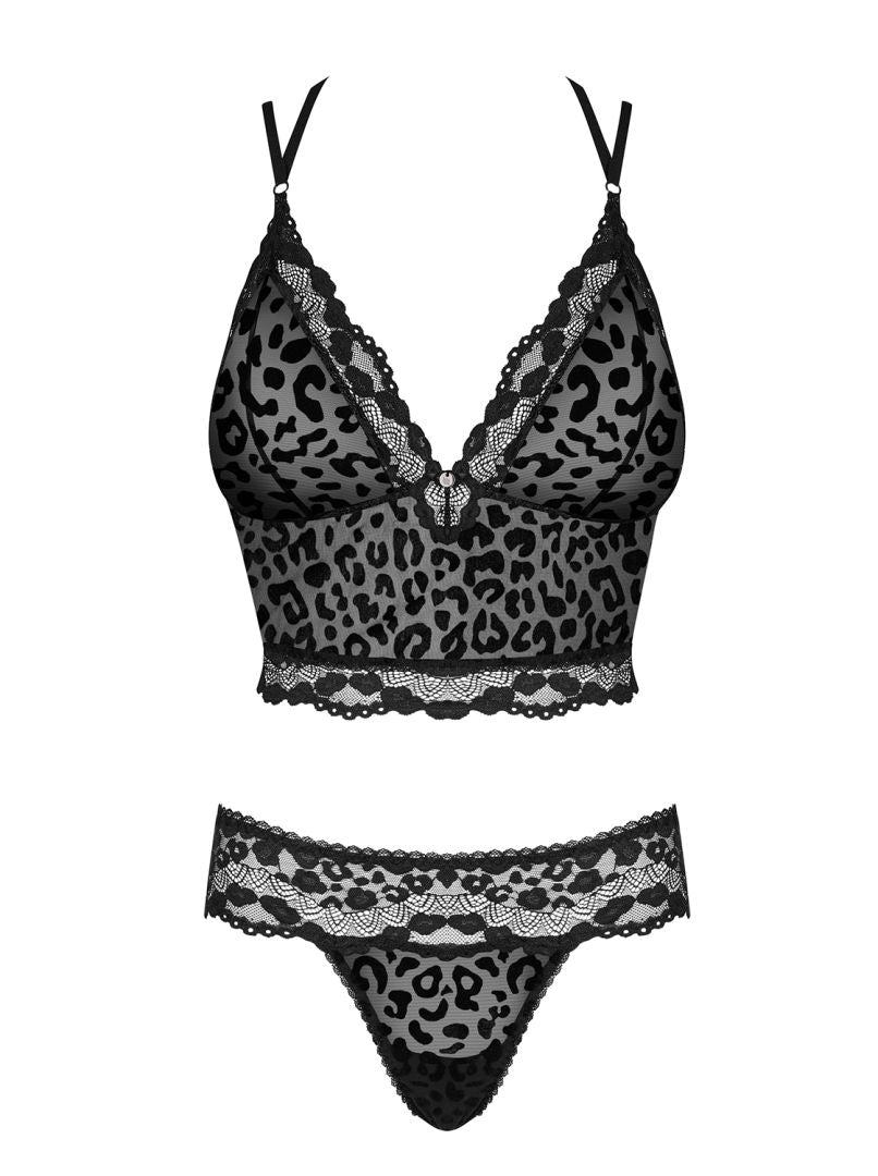 The Guilly black leopard print set, featuring a metal pendant between the cups