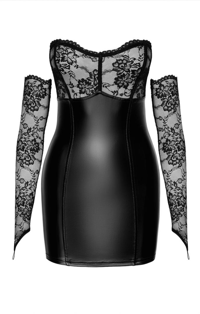 An additional view of the Harmonia black lace and wetlook mini dress