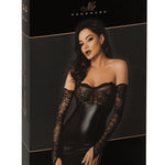 The Harmonia black lace and wetlook mini dress, seen from a different angle