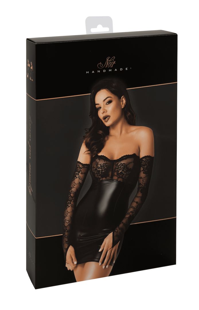 The Harmonia black lace and wetlook mini dress, seen from a different angle