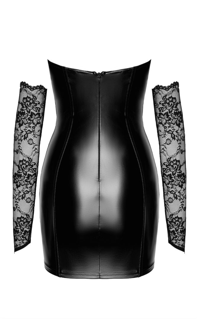A further look at the Harmonia black lace and wetlook mini dress