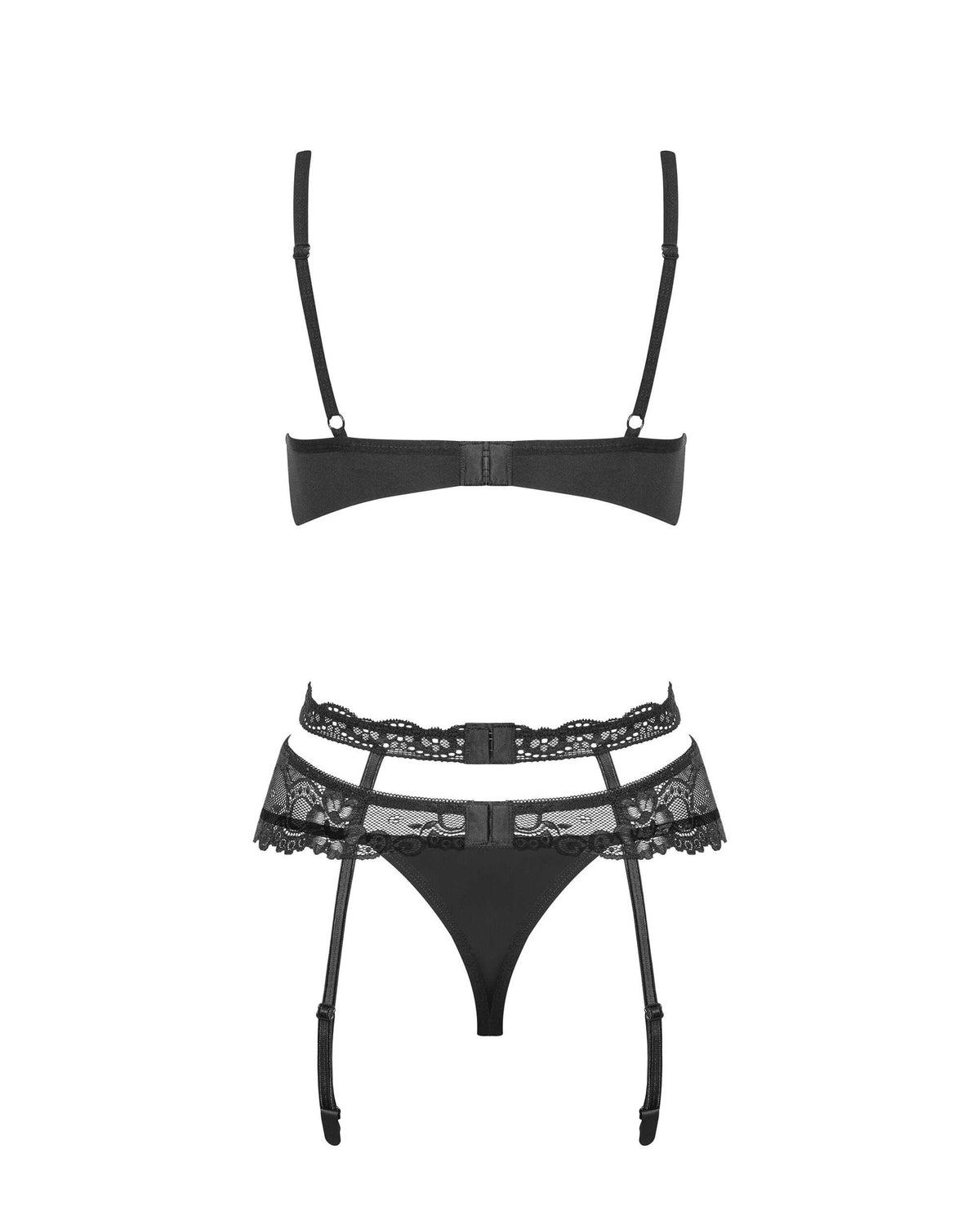 An additional view of the Heartina black lace garter set