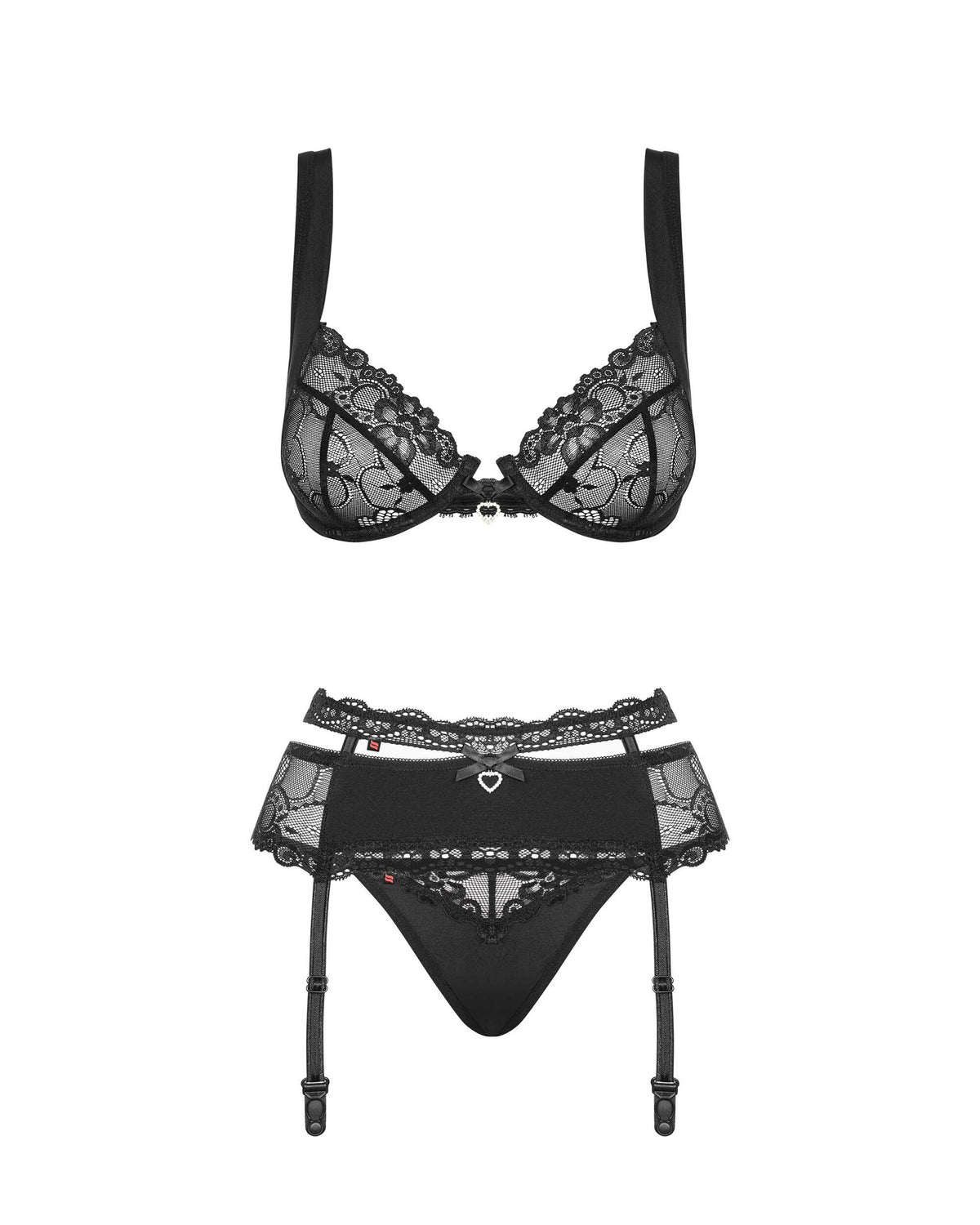 The Heartina black lace garter set, featuring a garter belt with multistage closures
