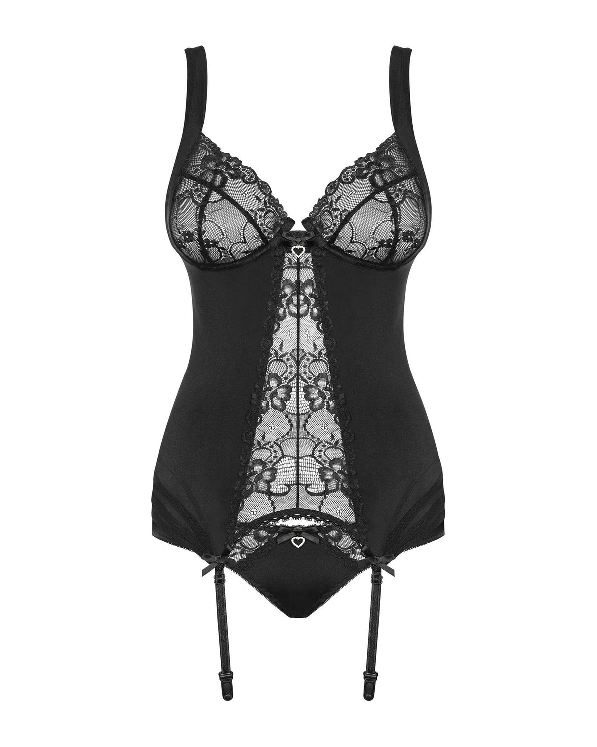 The Heartina black mesh and lace corset, featuring adjustable garters