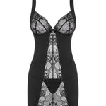 The Heartina black satin chemise, featuring a satin bow and tiny jewel heart