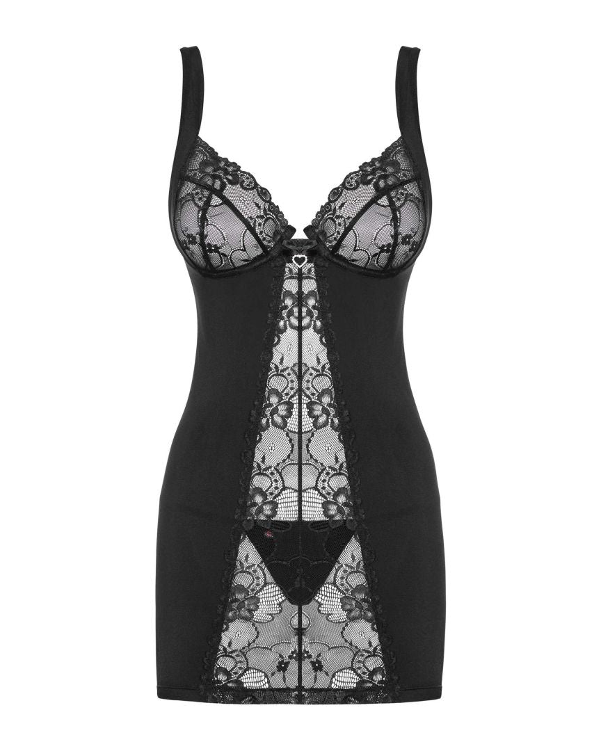 The Heartina black satin chemise, featuring a satin bow and tiny jewel heart