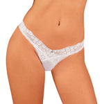 An alternate view of the Heavenlly white floral lace and mesh thong, with a subtle shiny pendant