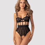 An alternate view of the Hersis black lace crotchless teddy, with padded underwired cups