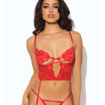 Cecily red lace and mesh bustier, thong and garter straps set by House of Desire