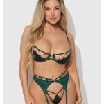 Evangeline green satin and chain push-up bra, garter belt and G-string set by House of Desire