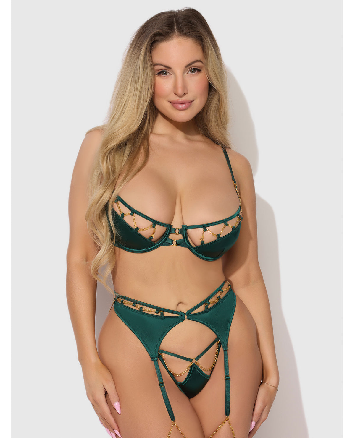 Evangeline green satin and chain push-up bra, garter belt and G-string set by House of Desire