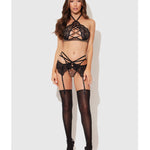 Felicia leopard mesh and lace halter bra, garter belt and G-string set by House of Desire