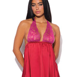 Jocelyn raspberry lace and satin halter babydoll and thong set by House of Desire