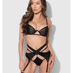 Black snake print velvet mesh bra, garter belt and hipster set by House of Desire