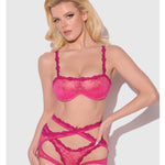 Yvone pink lace push-up bra, garter belt and tanga panty set by House of Desire
