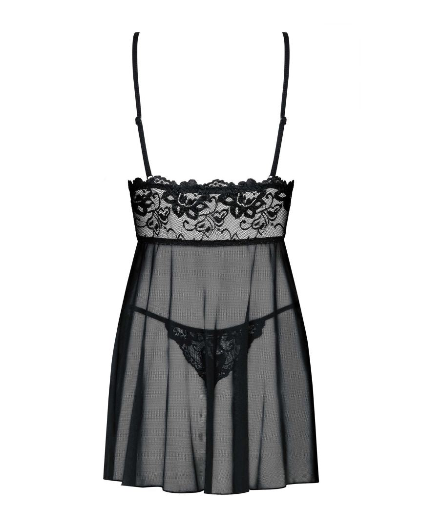 The Idillia Imperia black lace babydoll, featuring a matching lace thong