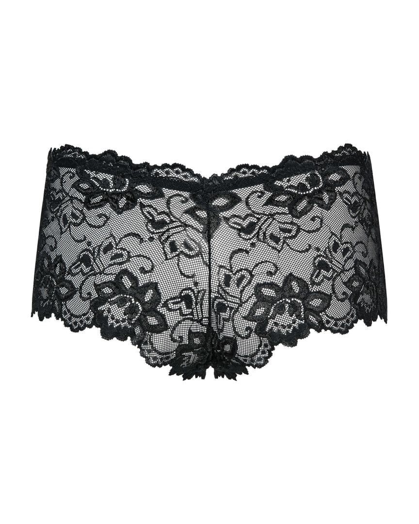 An additional view of the Idillia Imperia black lace shorties