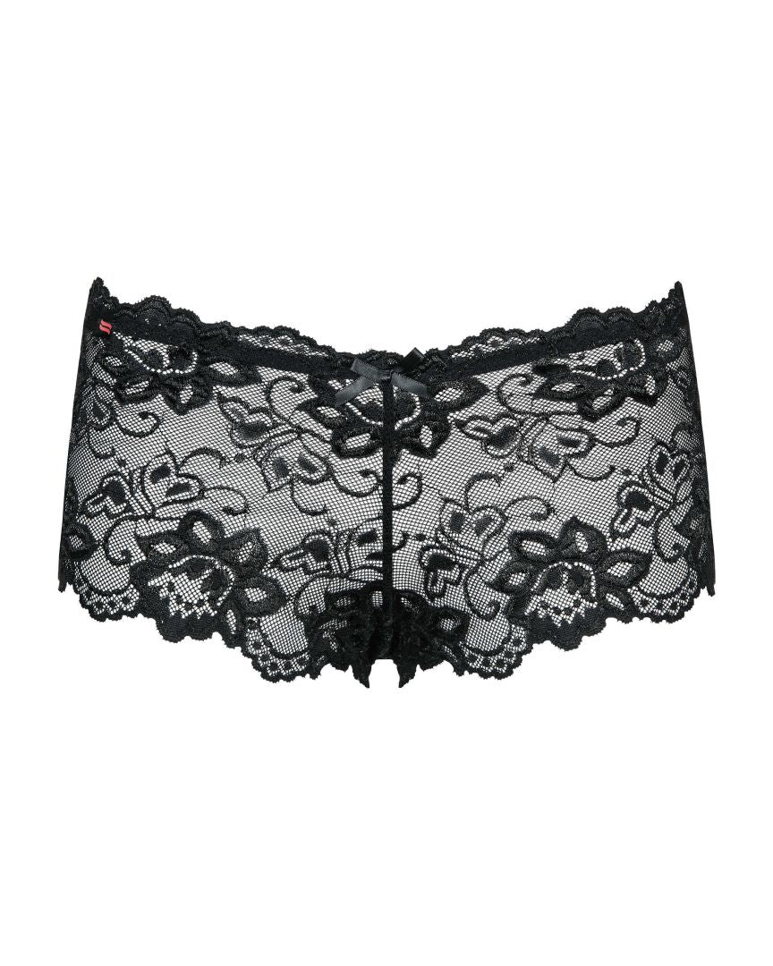 The Idillia Imperia black lace shorties, featuring elastic lace throughout